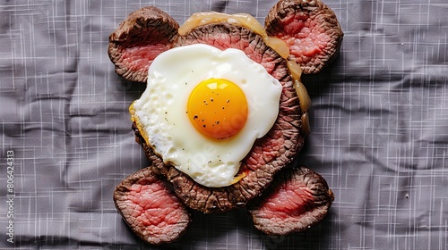 Cute steak teddy bear shape face with fried egg on tablecloth . Generative Ai photo