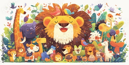 A cute lion surrounded by other animals in the jungle. The illustration is in the style of a children s book  with simple art and full color.