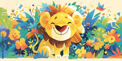 A cute lion surrounded by other cartoon animals in the jungle, with a simple background in the style of a children's book illustration. 