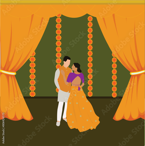 Indian wedding Couple Haldi ceremony vector portrait for Haldi invite