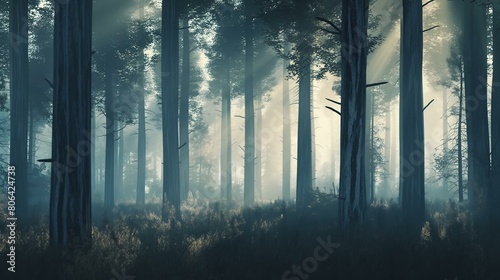 Mystical Forest with Sunrays Illuminating Fog