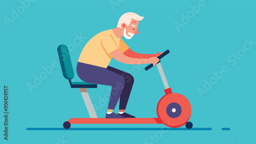 An older man with arthritis takes a seat on a recumbent bike marveling at its comfortable seat and smooth pedaling.. Vector illustration