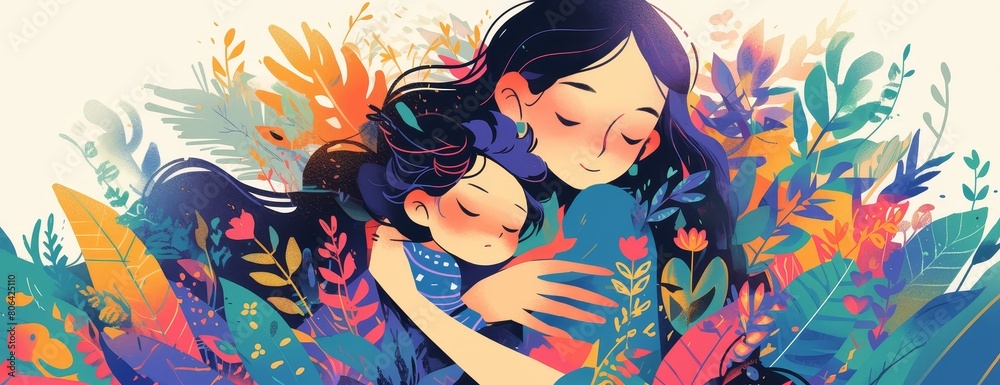 A colorful illustration shows an adult mother and her child