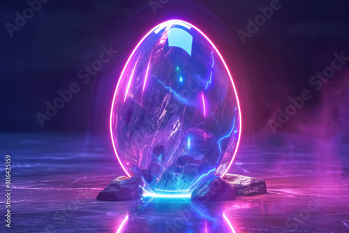 bright neon light egg with vibrant purple and blue hues surrounded by rocks