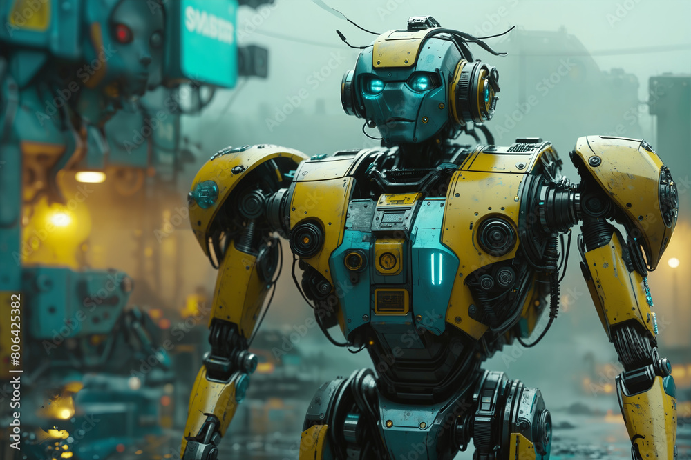 rendering, side shot, falf-strange body with complex system equipment with hyper detail robot, gaze, sci-fi, gloomy environment, foggy with light shader, cyan and yellow illuminations, dramatic light