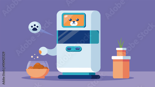 A smart treat dispenser that can be programmed on a set schedule or activated remotely rewarding your pet with their favorite snacks.. Vector illustration