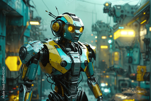 rendering, side shot, falf-strange body with complex system equipment with hyper detail robot, gaze, sci-fi, gloomy environment, foggy with light shader, cyan and yellow illuminations, dramatic light
