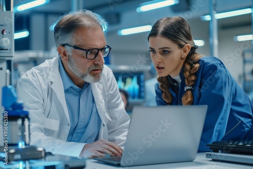 Two scientists, faces obscured for privacy, are engaged in discussion over a laptop in a modern laboratory setting.