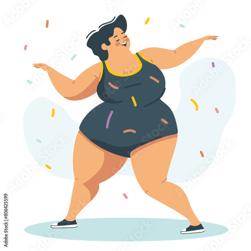 Happy plussize woman dancing joyfully, celebrating diversity body positivity. Confident female character curvy figure enjoying herself, depicted fun, vibrant style. Illustration cheerful woman