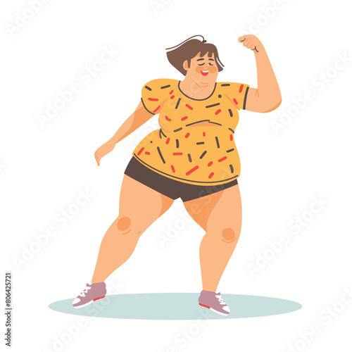 Body positive woman flexing muscles, confident plus size female showing strength. Powerful curvy lady short hair feeling strong, empowerment theme. Cartoon character wearing sportswear, isolated