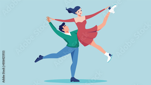 As the music swells the male skater gracefully lifts his partner above his head mirroring her movements with precise precision.. Vector illustration