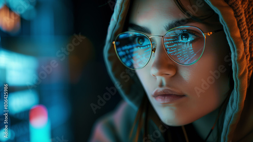 A close-up portrait of a young female computer programmer looking at the code