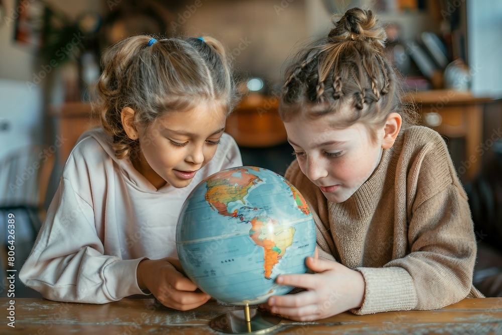 Two children with obscured faces are closely examining a terrestrial globe, symbolizing learning and curiosity. Two children with obscured faces are closely examining a terrestrial globe, symbolizing learning and curiosity.