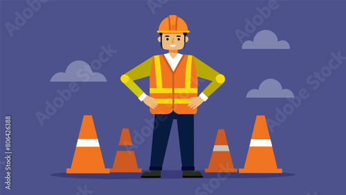 A worker wearing a highvisibility shirt orange cones and a reflective armband as a reminder to always be aware of their surroundings.. Vector illustration
