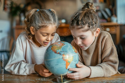 Two children with obscured faces are closely examining a terrestrial globe, symbolizing learning and curiosity.