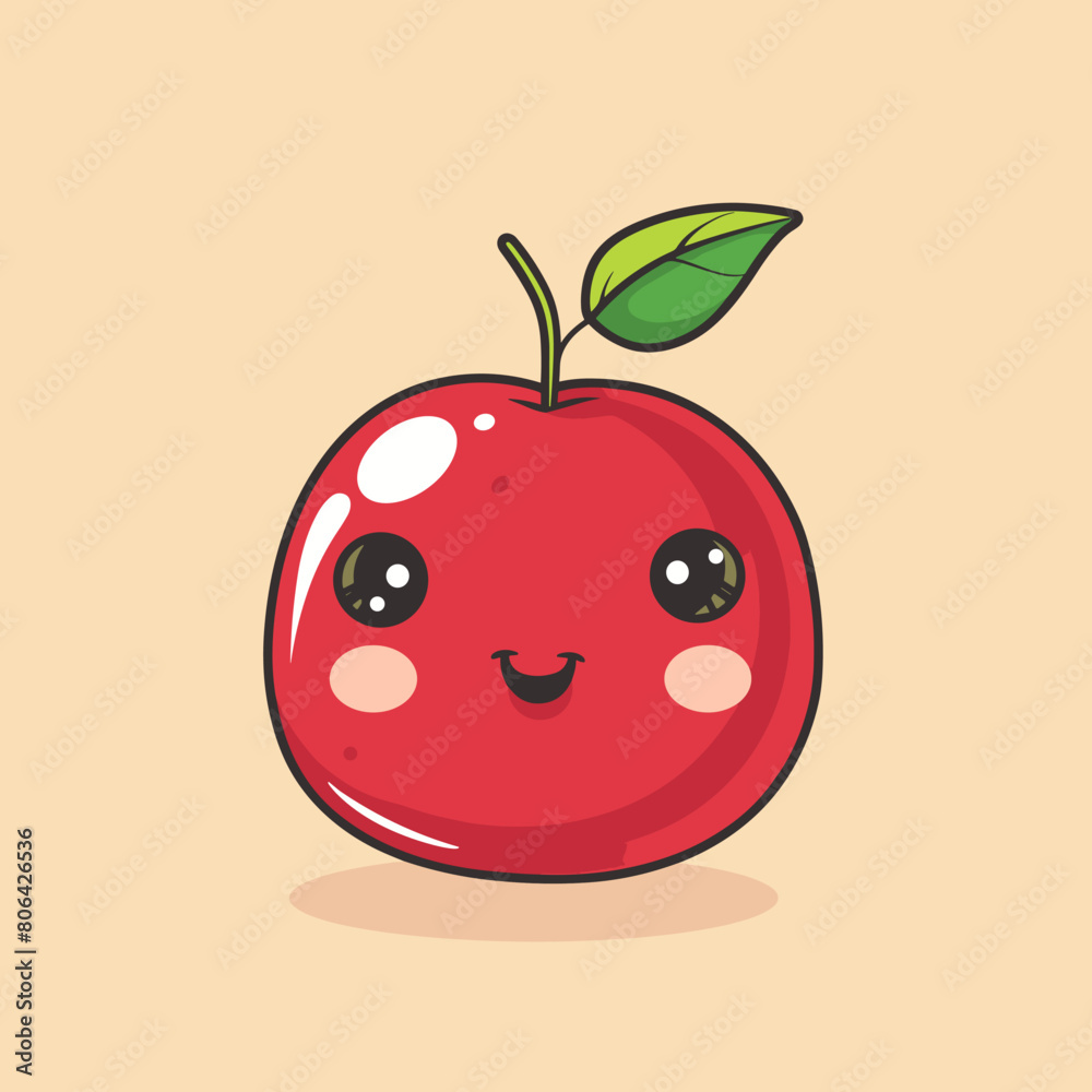 A cartoon apple with a green leaf on top. The apple is smiling and has a happy expression