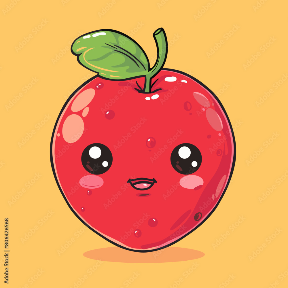 A cartoon apple with a green leaf on top. The apple is smiling and has a happy expression A cartoon apple with a green leaf on top. The apple is smiling and has a happy expression