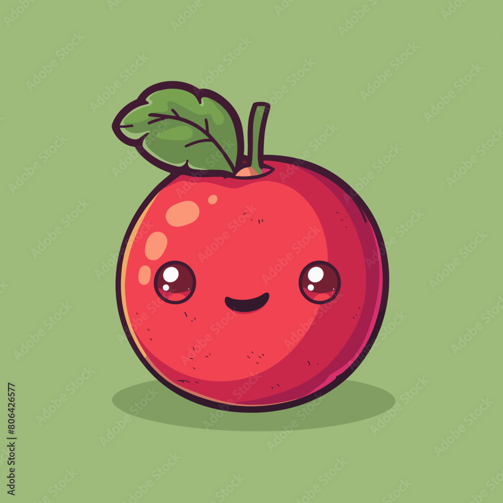 A cartoon apple with a green leaf on top. The apple is smiling and has a happy expression A cartoon apple with a green leaf on top. The apple is smiling and has a happy expression