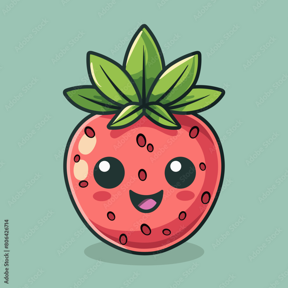 Obraz premium A cartoon strawberry with a green leaf on top. The strawberry is smiling and has a happy expression