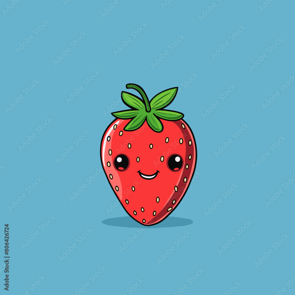 Obraz premium A cartoon strawberry with a smile on its face. The strawberry is sitting on a pink background. The cartoon strawberry is cute and friendly, and it looks like it's having a good time