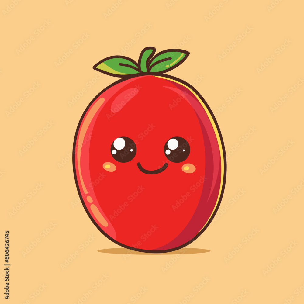 A cartoon Tamarillo is smiling and waving. The apple is red and has a green leaf on top A cartoon Tamarillo is smiling and waving. The apple is red and has a green leaf on top
