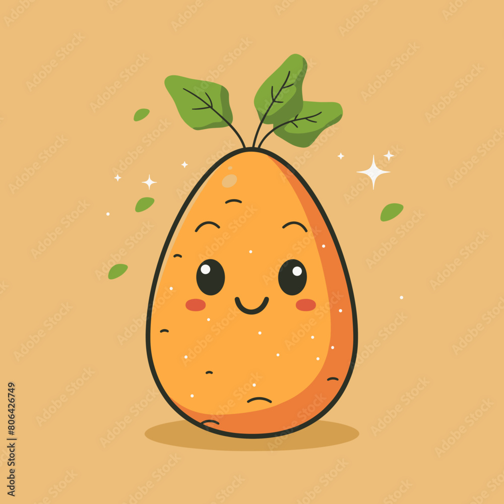 A cartoon orange with a leaf on top. The cartoon is smiling and has a happy expression. The orange is sitting on a brown background