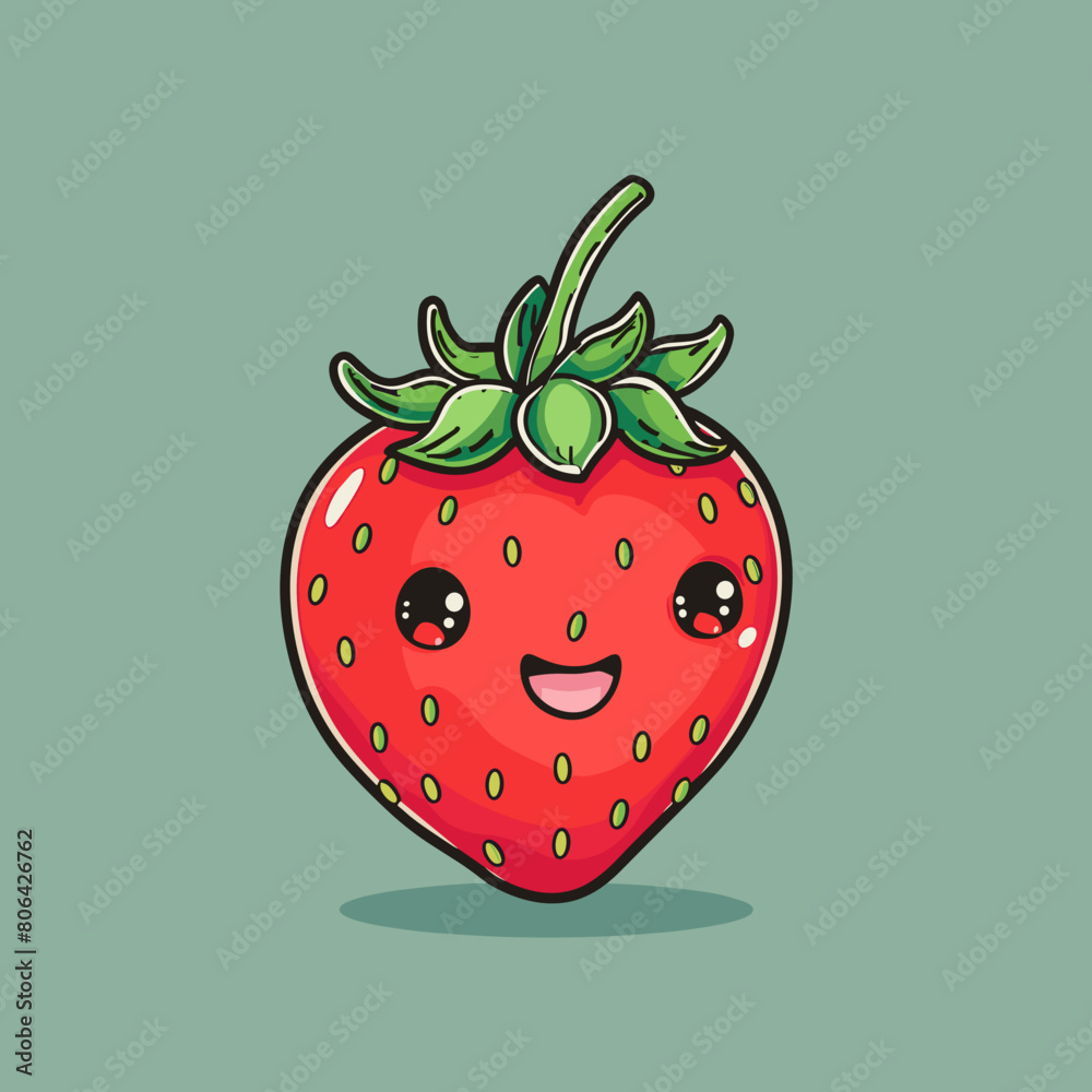 Obraz premium A cartoon strawberry with a smiling face on a yellow background. The strawberry is cute and friendly, and the yellow background adds a warm and inviting atmosphere to the image