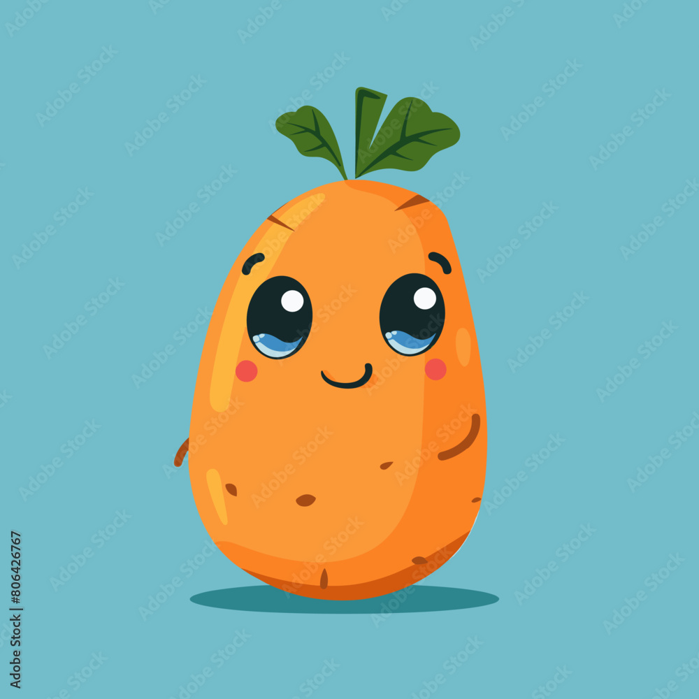 Fototapeta premium A cartoon orange with a leaf on top. The cartoon is smiling and has a happy expression. The orange is sitting on a brown background