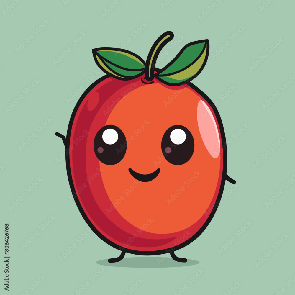 A cartoon Tamarillo is smiling and waving. The apple is red and has a green leaf on top A cartoon Tamarillo is smiling and waving. The apple is red and has a green leaf on top