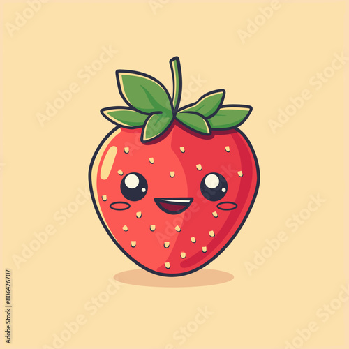 A cartoon strawberry with a big smile on its face. The strawberry is bright red and has a green leaf on top