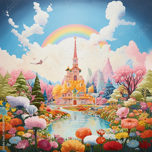 World Peace in a painting of a temple with a rainbow, trees, flowers, river and flying doves