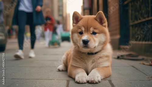 Lost dog waiting for its owner on a city street, sad Akita Inu puppy photo