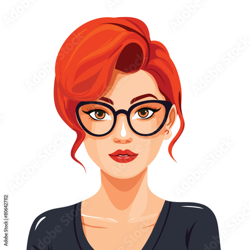 Redheaded woman wearing blackframed glasses. Young female, red hair, stylish glasses, confident expression, illustration. Portrait professional woman, elegant, modern hairstyle, vector graphic photo