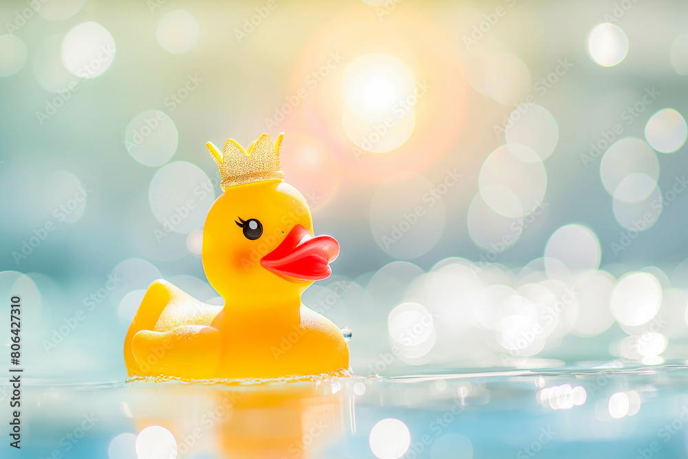 A single, colorful rubber ducky with a crown on its head, floating in a small pool of water with bubbles, on a clean white background. Sunlight reflects off the water, creating a shimmer. A single, colorful rubber ducky with a crown on its head, floating in a small pool of water with bubbles, on a clean white background. Sunlight reflects off the water, creating a shimmer.