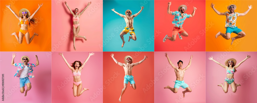Summer people collection set, diverse people jumping on colorful background, many people funny jump wearing summer outfit fashion ready for swim and summer activity, summertime, beachwear AIG48