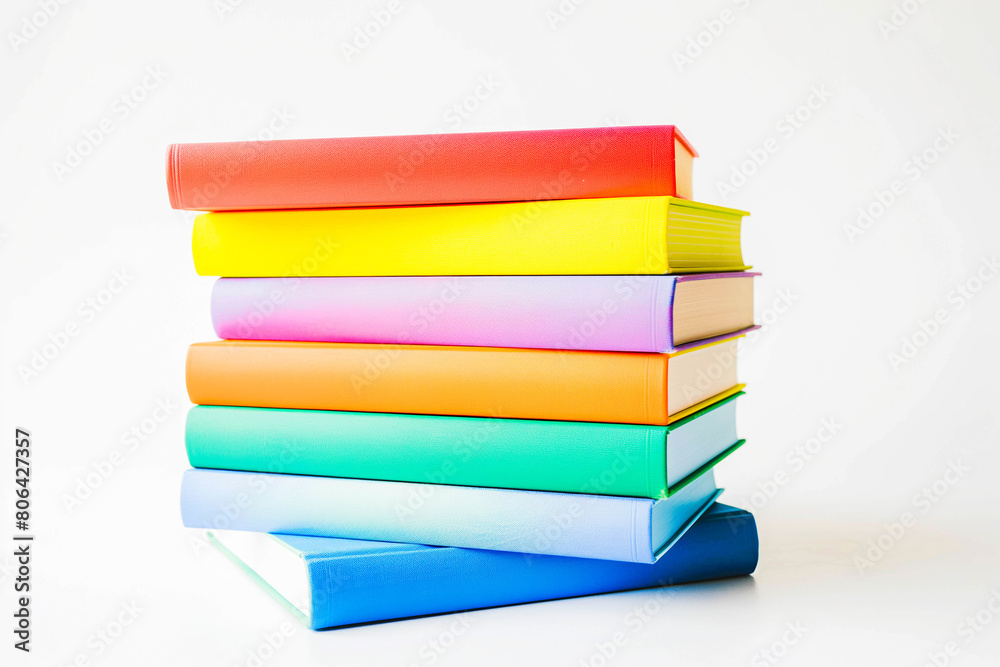 A stack of colorful books, neatly arranged in a pyramid shape, with titles and spines clearly visible. The background is a bright, clean white.