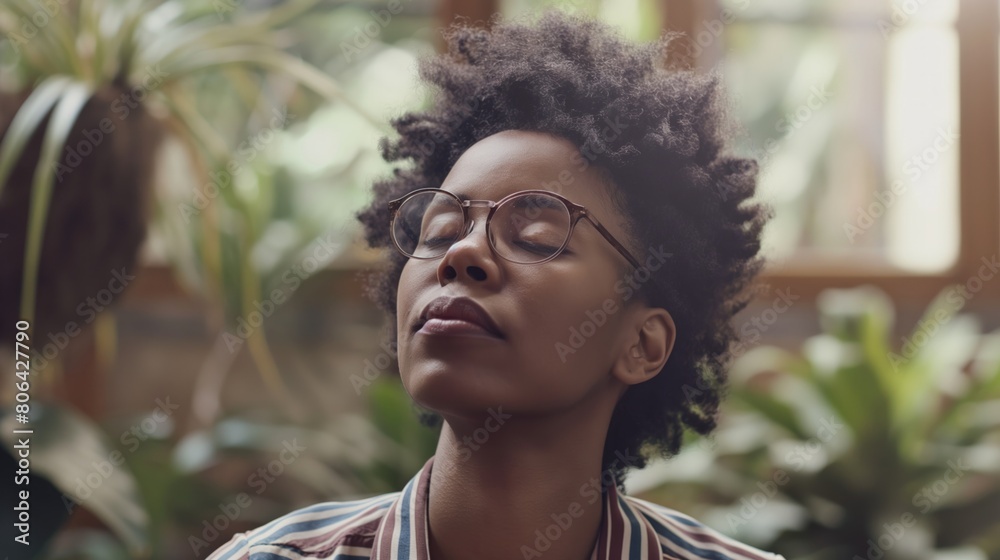 A Black woman wearing glasses and a striped shirt A Black woman wearing glasses and a striped shirt