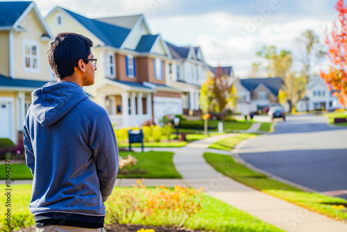 A young Indian man marveling at the intricate details of a suburban neighborhood, appreciating the charm and character of the surrounding homes.