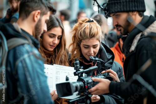 A cameraperson captures footage amidst a busy crowd, focusing on the subject. 