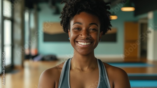 A Black woman smiling in sports bra top in gym