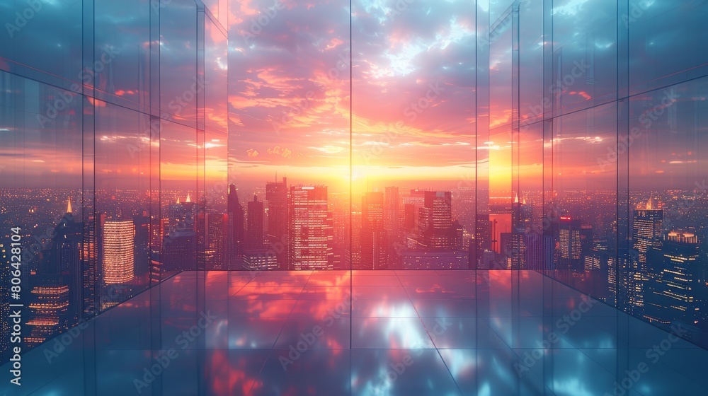 Fototapeta premium Modern city skyline with glass buildings and reflection on the water surface, sunset light in the sky, abstract background for business concept.