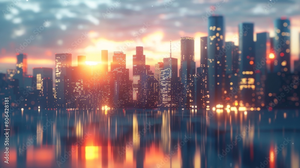 Modern city skyline with glass buildings and reflection on the water surface, sunset light in the sky, abstract background for business concept.