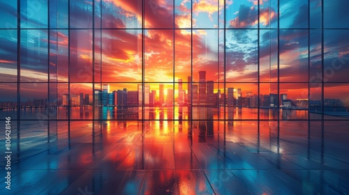 Modern city skyline with glass buildings and reflection on the water surface, sunset light in the sky, abstract background for business concept.