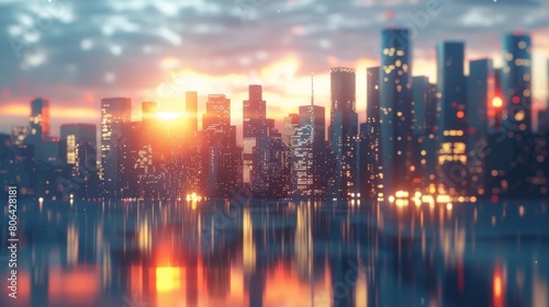 Modern city skyline with glass buildings and reflection on the water surface, sunset light in the sky, abstract background for business concept. © DWN Media