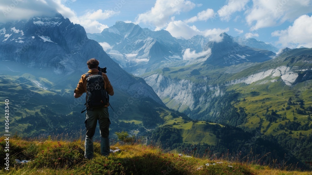 Photographer is watching at mountains Photographer is watching at mountains