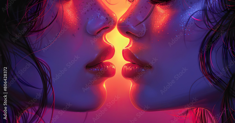 Two women with long hair kissing each other. Generated by AI Two women with long hair kissing each other. Generated by AI
