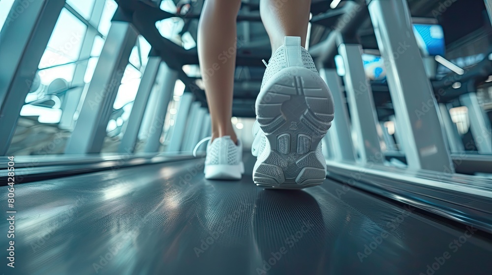 A woman is running on a treadmill.
