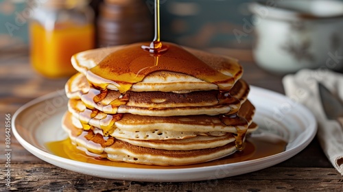 Delicious sweet pancakes with maple syrup and batter. Generative Ai
