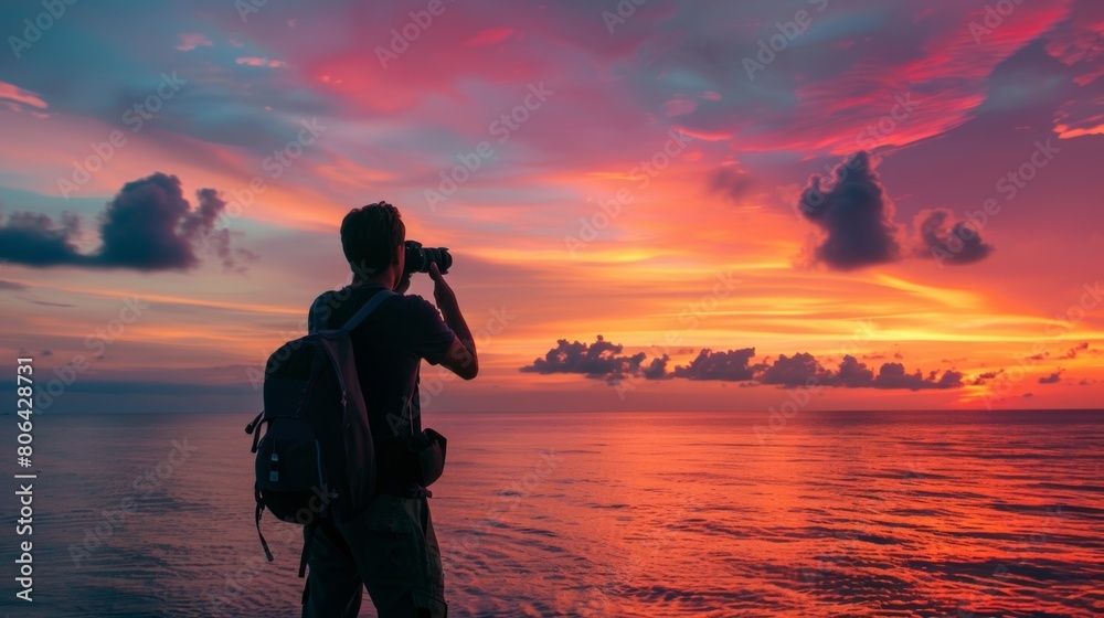 Photographer is watching at sunset
