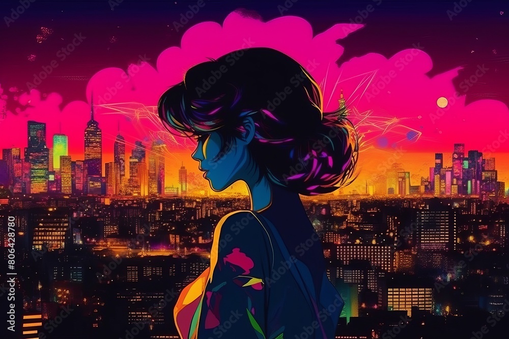 Illustration of a silhouette of a woman with the background of Tokyo City in Japan with retro vibes , vibrant color , City Pop
Illustration of a silhouette of a woman with the background of Tokyo City in Japan with retro vibes , vibrant color , City Pop
